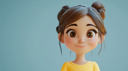 animated girl with brown hair and yellow shirt against blue background
