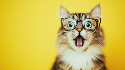 Close-up of a curious cat wearing glasses on a bright yellow background