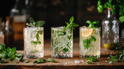 Three glasses of drinks with mint leaves and lemon slices on a wooden table. The drinks are served in tall glasses with a green garnish