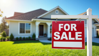 House for sale sign outside suburban home.