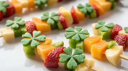 Plate of fruit skewers with green clovers on top. The skewers are made of fruit and are arranged in a row