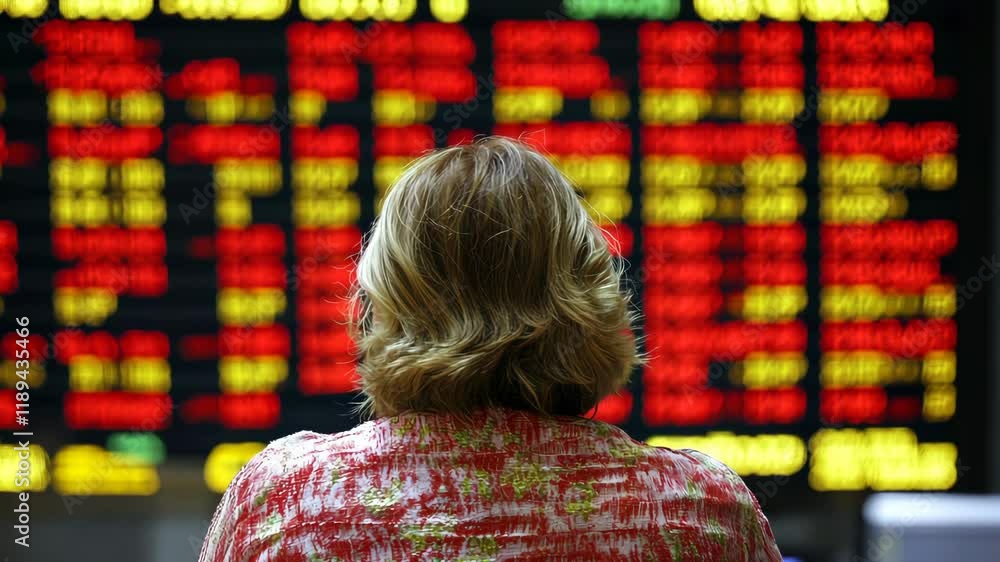 Poster person analyzing stock market data in a financial institution during a busy trading session