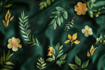Obraz premium A green fabric with yellow and white flowers and leaves, ideal for sewing or crafting projects