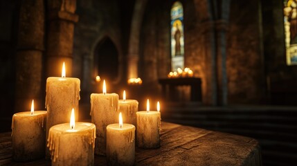 Room with a table in the center, and several candles on it. The candles are lit and arranged in a row, creating a warm and inviting atmosphere