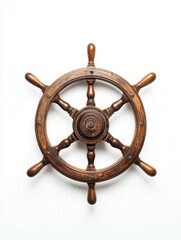 Wooden steering wheel with a white background. The steering wheel is old and has a vintage look to it