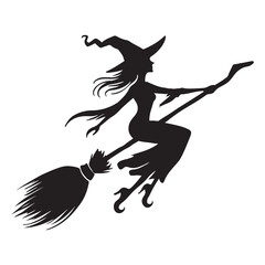 Halloween Witch Flying on Broom Silhouette Vector