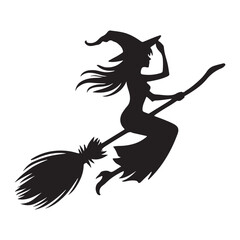 Witch Flying on Broomstick Silhouette Vector