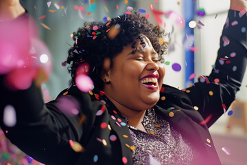 Women's Day 2025 concept. Accelerate Action. Happy young mixed race black woman dancing with purple confetti at an office party. Joyful celebration. Female equality event