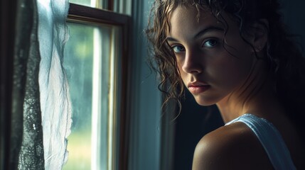 A beautiful young woman gazing out of a window with a contemplative expression