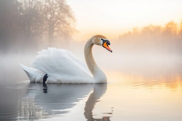 Fototapeta premium creative shot of swan gliding across misty lake at dawn with soft golden light illuminating water