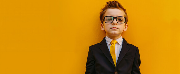 A young boy in a suit and tie with glasses on