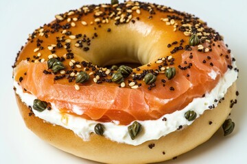 Freshly baked bagel topped with cream cheese and smoked salmon, perfect for breakfast or brunch