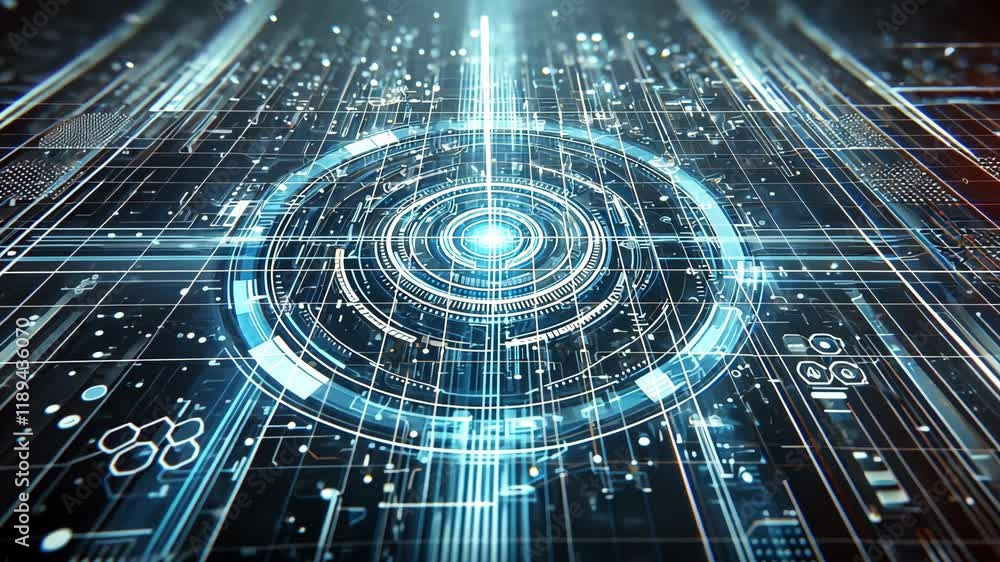 Poster effect of futuristic digital technology glowing lines and abstract patterns in digital landscape, pr