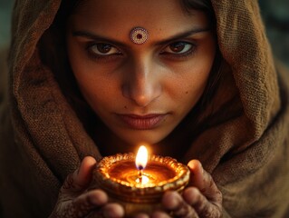 Woman holding a candle in a gold bowl. The woman is wearing a brown scarf and has a gold necklace. The candle is lit and the woman's face is illuminated by the light. Scene is warm and inviting