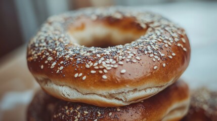 Three bagels stacked on top of each other, perfect for a bakery display or Jewish celebration