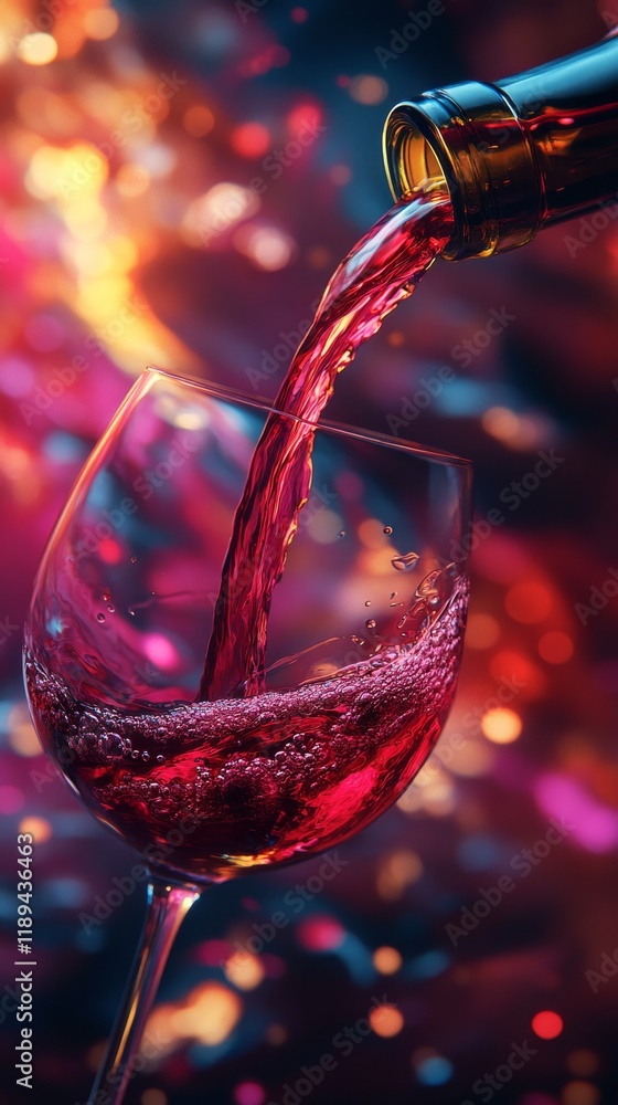 Poster pouring red wine into a glass with splashes creating dynamic motion on a dark background