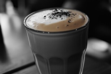 Cup of coffee with a white foam on top. The coffee is sitting on a table. The image has a mood of relaxation and comfort