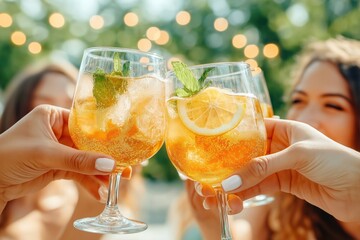 Group of friends clinking glasses of sangria outdoors. Smiling, enjoying summer gathering. Relaxed, happy atmosphere. Warm evening lighting. Casual attire. Social activity. Celebration. Summer party.