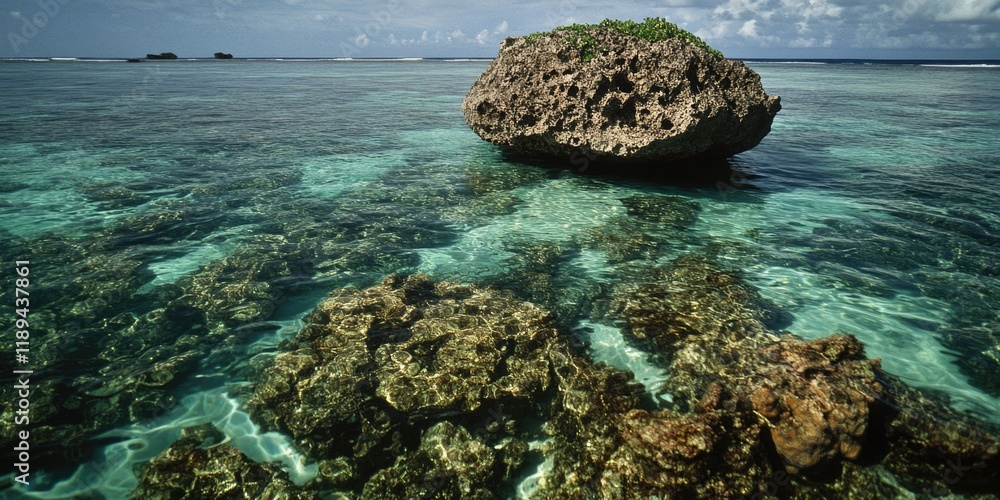 Poster a large rock situated in the open ocean, ideal for use as a background or in a marine-themed project