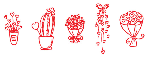 Floral Doodle Set. Cactus, Bouquets and more. Red contour isolated, white background. Love themed illustrations for Valentine, anniversaries, weddings, stickers, web, blogs, greeting cards