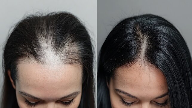 Woman showing hair regrowth after treatment for baldness