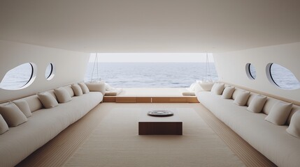 Futuristic ship interior features spacious design with transparent floors showcasing vibrant aquatic life below