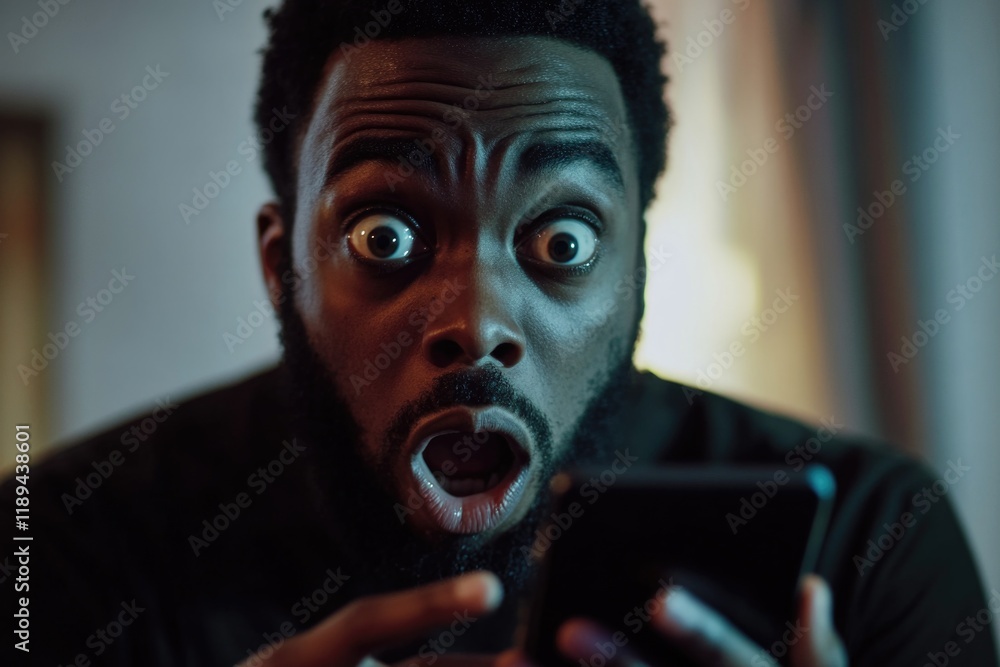 Poster a person reviewing their mobile device with an expression of surprise