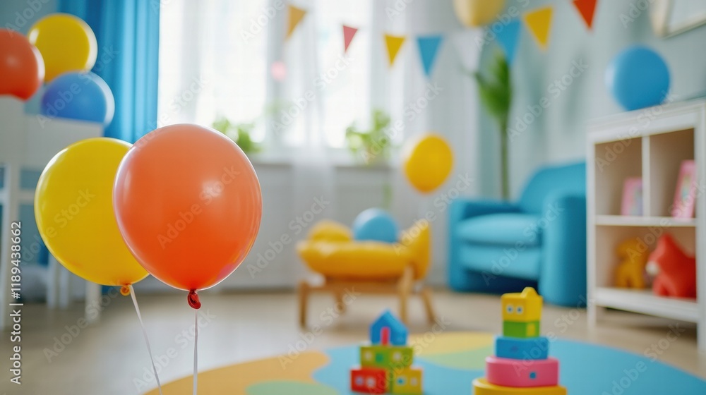 Poster colorful toys and cheerful balloons create a joyful atmosphere in a childs playful room. generative 