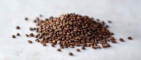 Naklejka premium a pile of roasted coffee beans on a light surface
