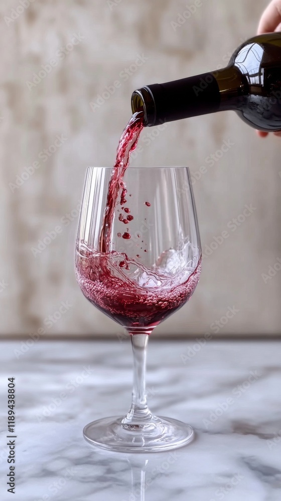 Poster pouring red wine into a glass with splashes creating dynamic motion on a dark background