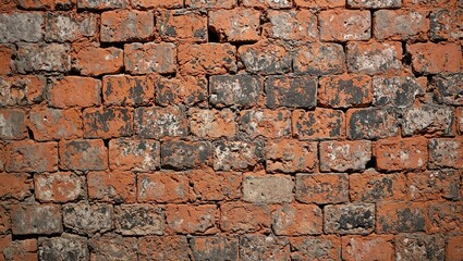 Fototapeta premium Weathered vintage brick fireplace with chipped red bricks black soot smudges and subtle shadows for rustic texture