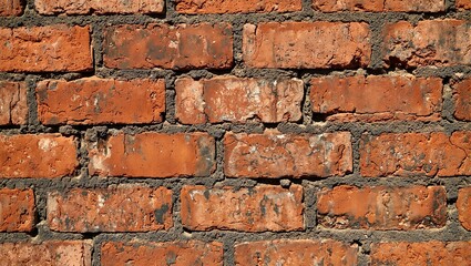 Fototapeta premium Weathered vintage brick fireplace with chipped red bricks black soot smudges and subtle shadows for rustic texture