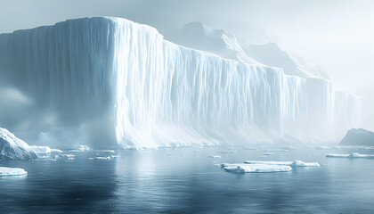 Majestic glacial ice wall, serene arctic landscape, stunning winter scene, floating icebergs, cold water.