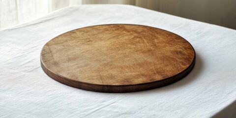 Wooden round plate sits on a white table. The plate is brown and has a rough texture