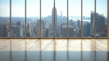 A panoramic view of a city skyline featuring iconic buildings and a spacious interior.