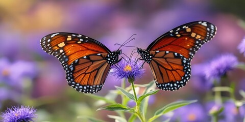 Fototapeta premium Two butterflies are on a purple flower. The butterflies are orange and black. The flowers are purple