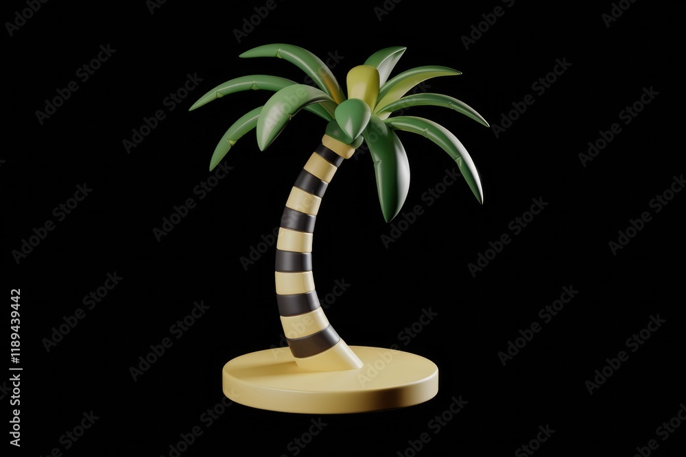 Poster a stylized 3d model of a palm tree with black and beige striped trunk, set against a transparent bac