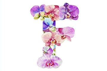 Hand-painted watercolor illustration of a letter F made from flowers