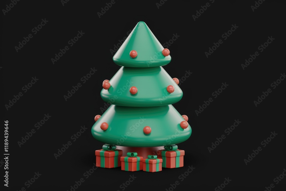 Aufkleber Stylized 3D render of a Christmas tree adorned with ornaments and surrounded by presents.