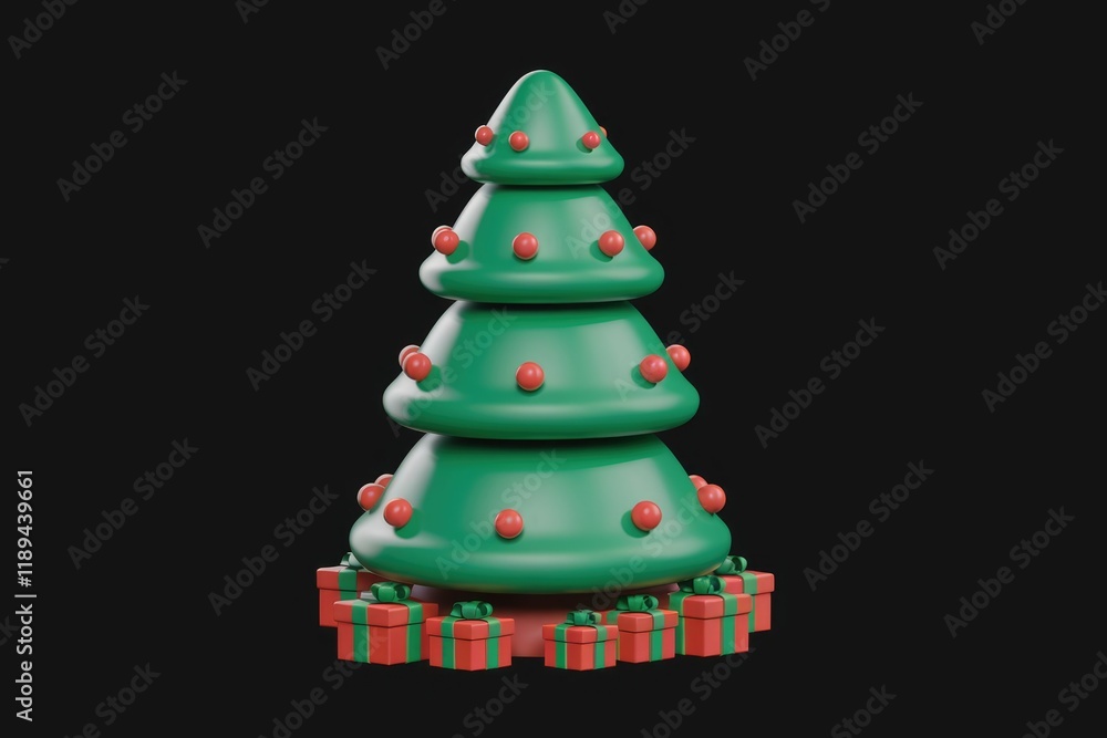 Poster a stylized 3d christmas tree adorned with red ornaments and surrounded by presents.