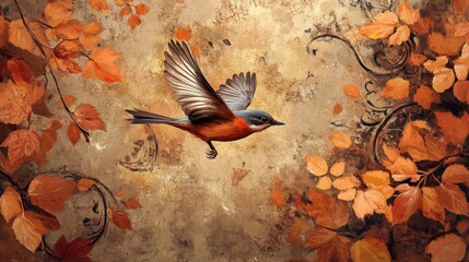 a bird flying among autumn leaves