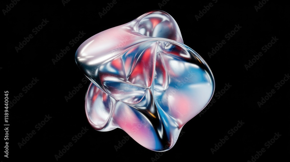 Poster abstract 3d rendering of a glossy, iridescent, amorphous shape with swirling, vibrant colors against