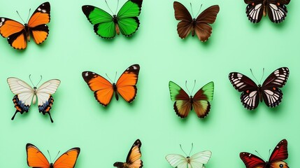 Colorful butterflies arranged on bright green background. Beautiful insects with vibrant orange blue yellow wings. Flat lay art design. Perfect for spring summer design nature themes. Variety of