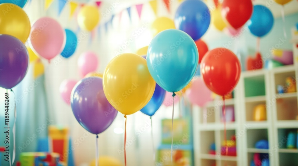 Aufkleber joyful child playroom filled with colorful toys and balloons for creative fun and imaginative play. 