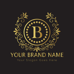 Fototapeta premium Letter Luxury brand logo design with a royal gold crown emblem and elegant typography 