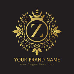 Letter Luxury brand logo design with a royal gold crown emblem and elegant typography
