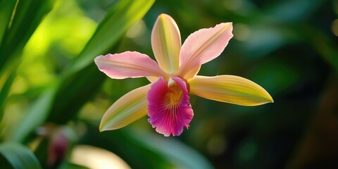 Fototapeta premium Flower with a pink and yellow center is in a green background. The flower is the main focus of the image