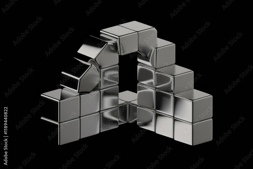 Poster metallic blocks forming an archway, suggesting construction or a gateway.