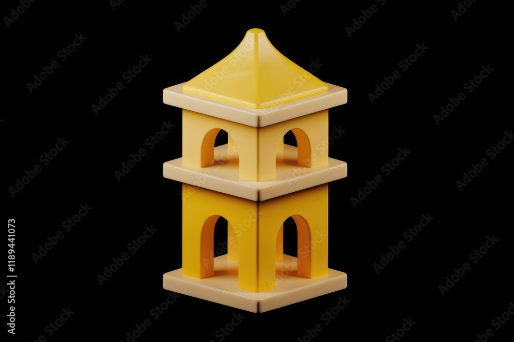 Poster a two-story yellow building with arched openings, rendered in a minimalist 3d style.