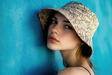 A person leaning against a blue wall while wearing a hat, suitable for use in portraits or street photography
